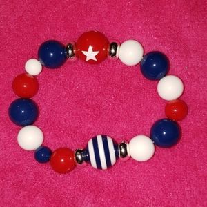 Red White Blue Star Striped Beaded Silver Bracelet